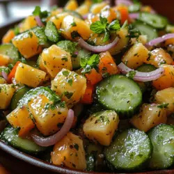 The star of this salad is undoubtedly the fresh pineapple. This tropical fruit is not only delicious but also packed with nutrients. Pineapple is rich in vitamins C and B6, manganese, and dietary fiber. It is particularly known for its antioxidants, which can help combat oxidative stress in the body. Additionally, pineapple contains bromelain, an enzyme that aids in digestion and may reduce inflammation. Including fresh pineapple in your diet can also support immune function, making it an excellent choice for a nutritious salad.