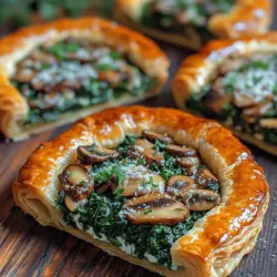 The Mushroom and Spinach Delight Tart is more than just a dish; it's a celebration of flavors that can elevate any dining experience. This tart beautifully marries the earthy richness of mushrooms with the vibrant freshness of spinach, all encased in a wonderfully flaky puff pastry. Whether you're hosting a family dinner or planning an elegant gathering, this recipe offers versatility and sophistication. Its appeal lies not only in its taste but also in its health benefits, making it a guilt-free indulgence. Spinach provides a wealth of vitamins and minerals, while the mushrooms contribute essential nutrients and a savory depth that harmonizes with the creamy cheeses used in the filling.