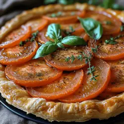 The Savory Tomato Goat Cheese Tart is not only a feast for the eyes but also a delightful addition to any table setting, making it the perfect dish for brunches, picnics, or elegant dinner parties. This versatile tart combines the rich creaminess of goat cheese with the vibrant flavors of ripe tomatoes, all encased in a flaky, buttery puff pastry. The combination of these ingredients creates a dish that is both satisfying and sophisticated, appealing to both casual diners and gourmet enthusiasts alike.