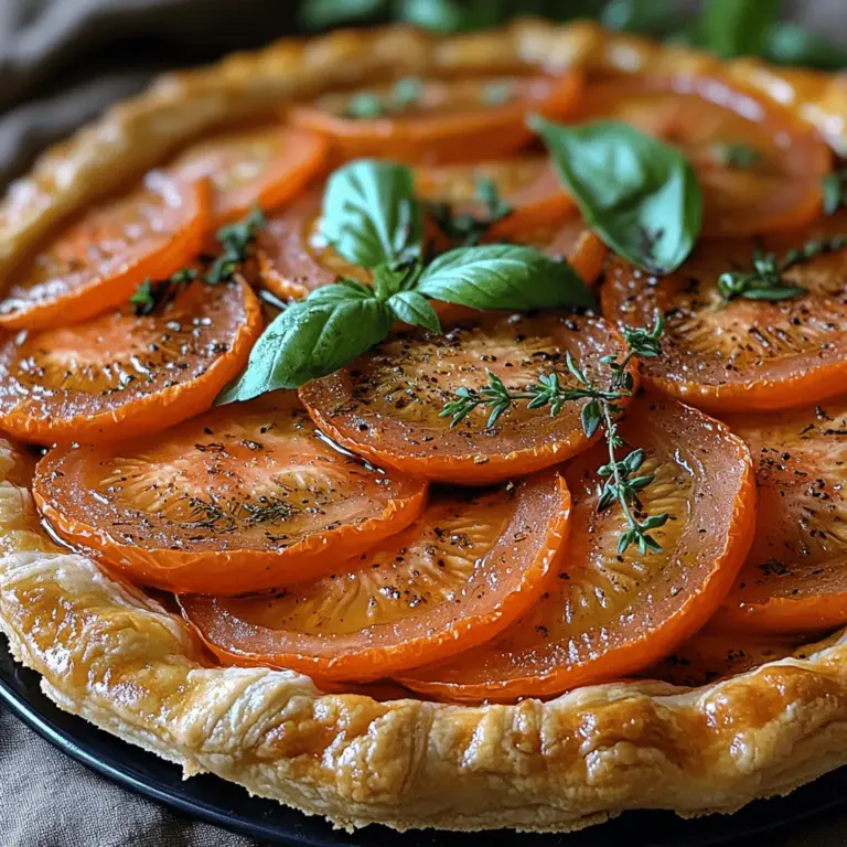 The Savory Tomato Goat Cheese Tart is not only a feast for the eyes but also a delightful addition to any table setting, making it the perfect dish for brunches, picnics, or elegant dinner parties. This versatile tart combines the rich creaminess of goat cheese with the vibrant flavors of ripe tomatoes, all encased in a flaky, buttery puff pastry. The combination of these ingredients creates a dish that is both satisfying and sophisticated, appealing to both casual diners and gourmet enthusiasts alike.