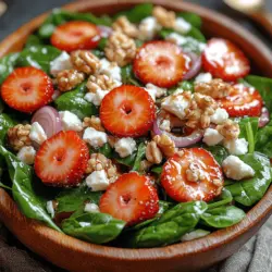 The Strawberry Spinach Delight Salad is a vibrant and delicious dish that perfectly combines the sweetness of fresh strawberries with the earthy flavor of baby spinach. This salad is not only visually appealing, with its bright colors and varied textures, but it also offers a delightful explosion of flavors that makes it a favorite among salad enthusiasts. Whether you're looking for a light lunch, an elegant side dish for dinner, or a refreshing addition to your next gathering, this salad is versatile enough to suit any occasion.
