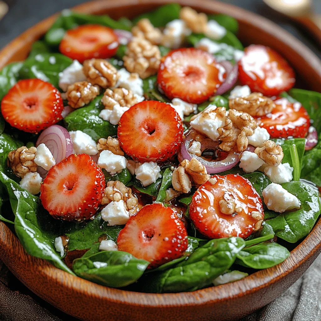 The Strawberry Spinach Delight Salad is a vibrant and delicious dish that perfectly combines the sweetness of fresh strawberries with the earthy flavor of baby spinach. This salad is not only visually appealing, with its bright colors and varied textures, but it also offers a delightful explosion of flavors that makes it a favorite among salad enthusiasts. Whether you're looking for a light lunch, an elegant side dish for dinner, or a refreshing addition to your next gathering, this salad is versatile enough to suit any occasion.