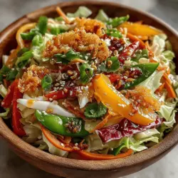 The Crunchy Asian Cabbage Peanut Salad is a vibrant and refreshing dish that captivates the senses with its lively colors, varied textures, and an explosion of flavors. This salad is not just a feast for the eyes; it also serves as a versatile option for various dining occasions, whether you're hosting a summer barbecue, preparing a picnic basket, or looking to meal prep for the week ahead. With its crisp vegetables and nutty notes, it can easily transition from a side dish to a light main course, making it a staple in many kitchens.