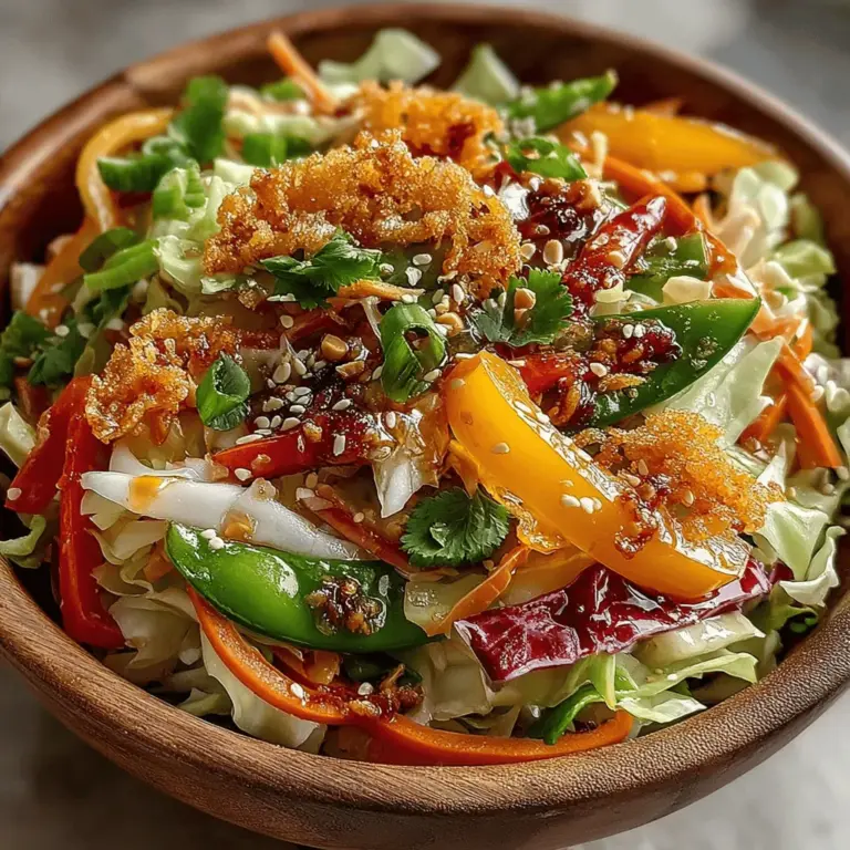 The Crunchy Asian Cabbage Peanut Salad is a vibrant and refreshing dish that captivates the senses with its lively colors, varied textures, and an explosion of flavors. This salad is not just a feast for the eyes; it also serves as a versatile option for various dining occasions, whether you're hosting a summer barbecue, preparing a picnic basket, or looking to meal prep for the week ahead. With its crisp vegetables and nutty notes, it can easily transition from a side dish to a light main course, making it a staple in many kitchens.
