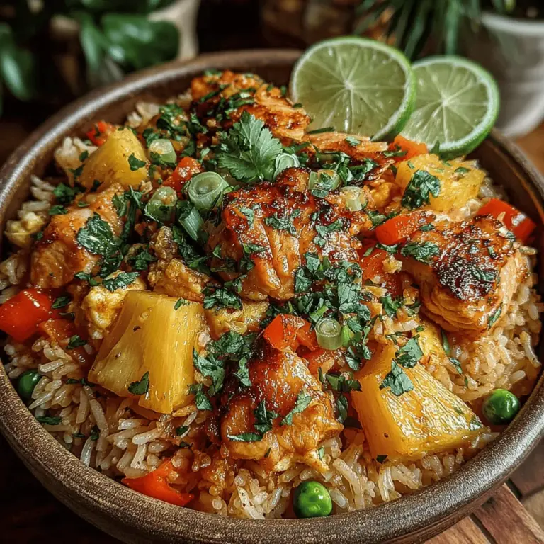 Tropical flavors have an undeniable allure, particularly when they are infused into comforting meals that evoke a sense of warmth and happiness. Among such dishes, Pineapple Chicken Fried Rice stands out as a vibrant and flavorful option that brings the essence of a tropical paradise right to your dinner table. This dish is not only visually appealing, mixing shades of golden yellow, bright green, and rich red, but it also offers a delightful medley of sweet, savory, and fresh flavors that can satisfy any palate.