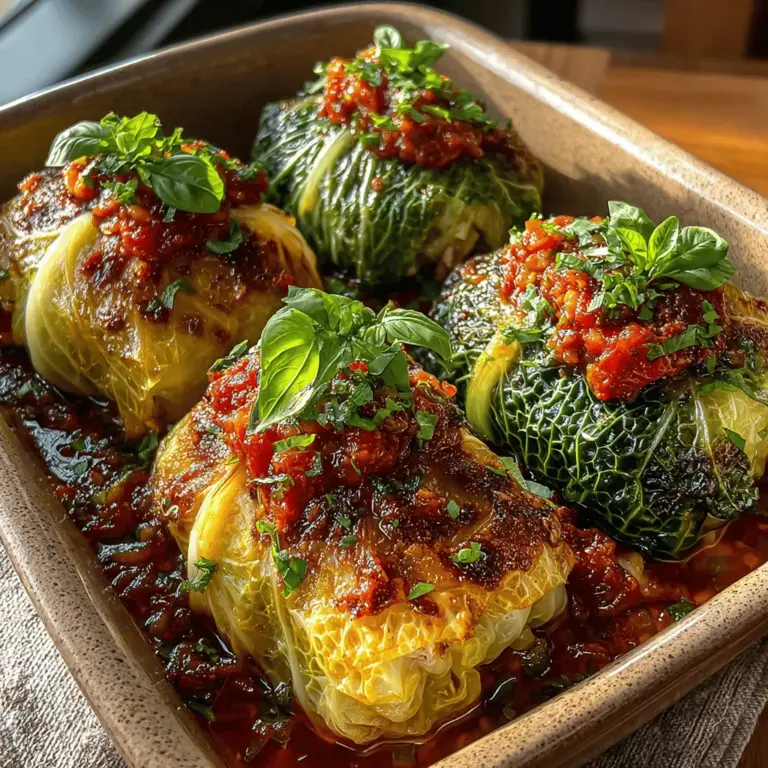 Hearty Stuffed Cabbage Rolls in Savory Tomato Sauce is a quintessential comfort food that warms the soul and nourishes the body. This dish, with its tender cabbage leaves encasing a savory mixture of meat, rice, and aromatic spices, evokes feelings of home and familial love. Each bite is a delightful blend of textures and flavors, embodying the essence of a homemade meal that is perfect for family gatherings or cozy dinners at home.