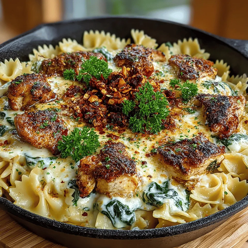 - 8 ounces farfalle pasta - 1 pound boneless, skinless chicken breast, cut into bite-sized pieces - 2 cups fresh spinach, washed and roughly chopped - 1 cup heavy cream - 1/2 cup grated Parmesan cheese - 2 tablespoons olive oil - 3 cloves garlic, minced - 1 teaspoon Italian seasoning - Salt and pepper to taste