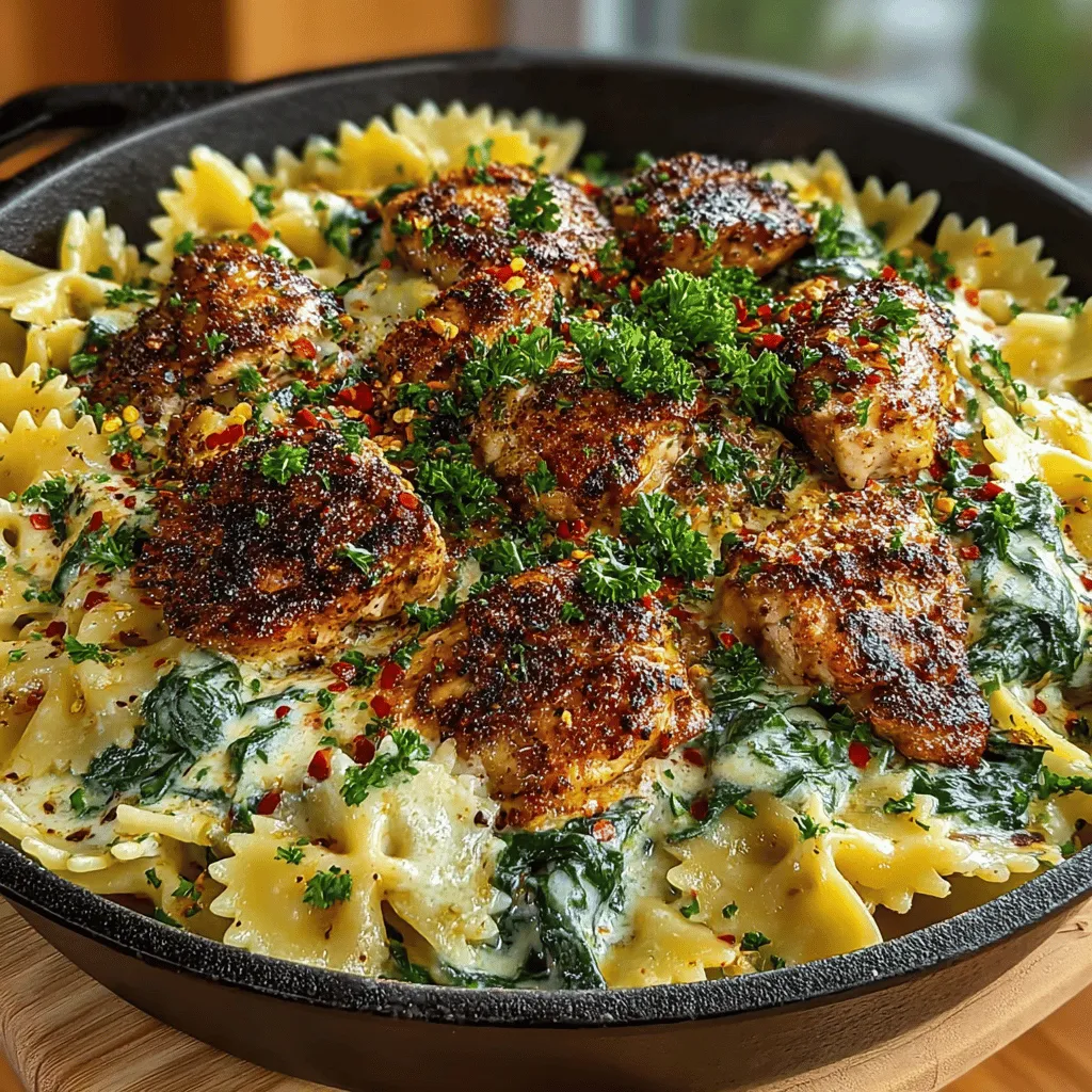 - 8 ounces farfalle pasta - 1 pound boneless, skinless chicken breast, cut into bite-sized pieces - 2 cups fresh spinach, washed and roughly chopped - 1 cup heavy cream - 1/2 cup grated Parmesan cheese - 2 tablespoons olive oil - 3 cloves garlic, minced - 1 teaspoon Italian seasoning - Salt and pepper to taste