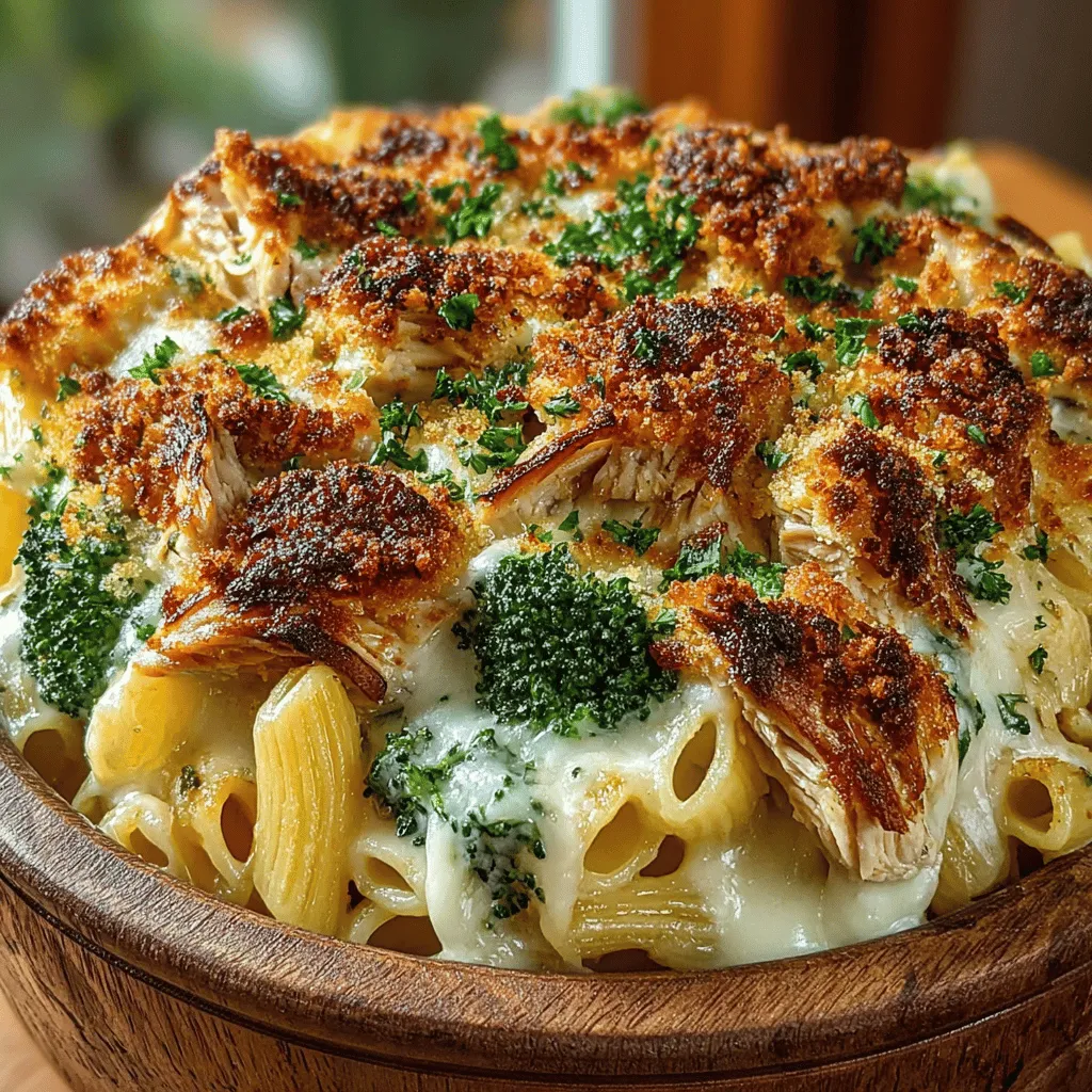 - 2 cups uncooked penne pasta - 2 cups cooked chicken, shredded or diced - 2 cups broccoli florets - 1 cup grated mozzarella cheese - 1/2 cup grated Parmesan cheese - 2 cups creamy cheese sauce (store-bought or homemade) - 1 teaspoon garlic powder - 1/2 teaspoon black pepper - Salt to taste - Optional: 1/2 cup breadcrumbs for topping - Optional: Fresh parsley for garnish