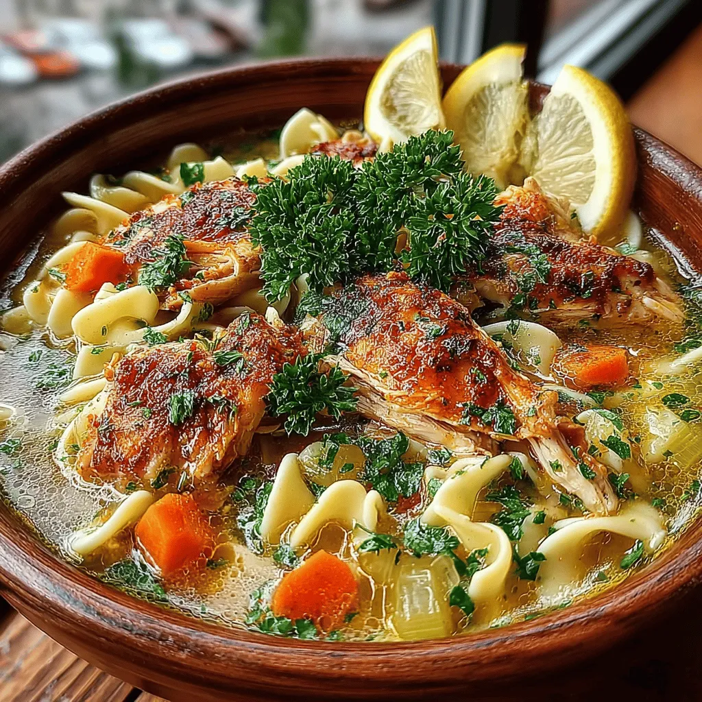 - 2 tablespoons olive oil - 1 medium onion, diced - 2 cloves garlic, minced - 2 medium carrots, sliced - 2 stalks celery, sliced - 1 teaspoon dried thyme - 1 teaspoon dried oregano - 6 cups low-sodium chicken broth - 2 cups cooked chicken, shredded (preferably rotisserie chicken) - 2 cups egg noodles - Salt and pepper to taste - Fresh parsley for garnish (optional)