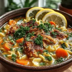 - 2 tablespoons olive oil - 1 medium onion, diced - 2 cloves garlic, minced - 2 medium carrots, sliced - 2 stalks celery, sliced - 1 teaspoon dried thyme - 1 teaspoon dried oregano - 6 cups low-sodium chicken broth - 2 cups cooked chicken, shredded (preferably rotisserie chicken) - 2 cups egg noodles - Salt and pepper to taste - Fresh parsley for garnish (optional)