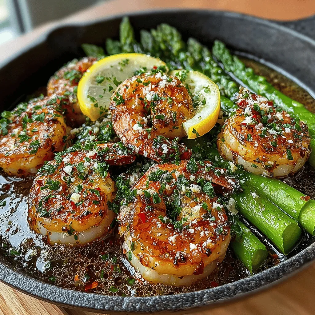 - 1 pound large shrimp, peeled and deveined - 1 bunch asparagus, trimmed and cut into 2-inch pieces - 4 tablespoons unsalted butter - 4 cloves garlic, minced - Salt and pepper, to taste - 1 teaspoon red pepper flakes (optional) - 2 tablespoons fresh parsley, chopped (for garnish) - ¼ cup grated Parmesan cheese (optional)