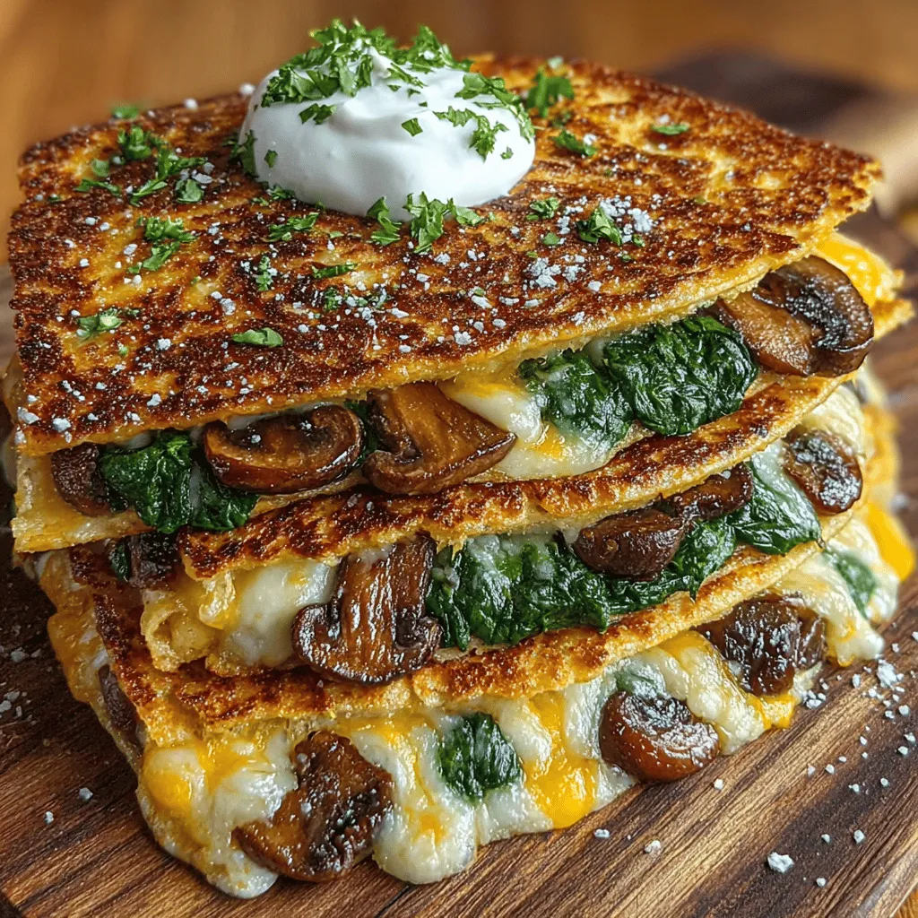 - 2 cups fresh spinach, chopped - 1 cup mushrooms, sliced (cremini or button mushrooms work well) - 1 cup mozzarella cheese, shredded - 1/2 cup ricotta cheese - 1/4 cup grated Parmesan cheese - 1 small onion, diced - 2 cloves garlic, minced - 1 teaspoon dried oregano - Salt and pepper to taste - 4 large tortillas (flour or whole wheat) - Olive oil for sautéing