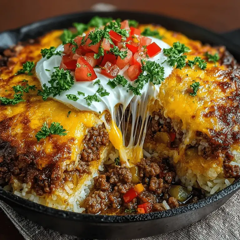 Cheesy Beef & Rice Delight is the ultimate comfort food that brings warmth and satisfaction to any meal. This one-pot casserole combines savory ground beef, aromatic vegetables, and fluffy rice, all enveloped in a rich, gooey layer of cheese. Perfect for busy weeknights or casual gatherings, this recipe is not only easy to prepare but also delivers a hearty dish that will please the whole family.