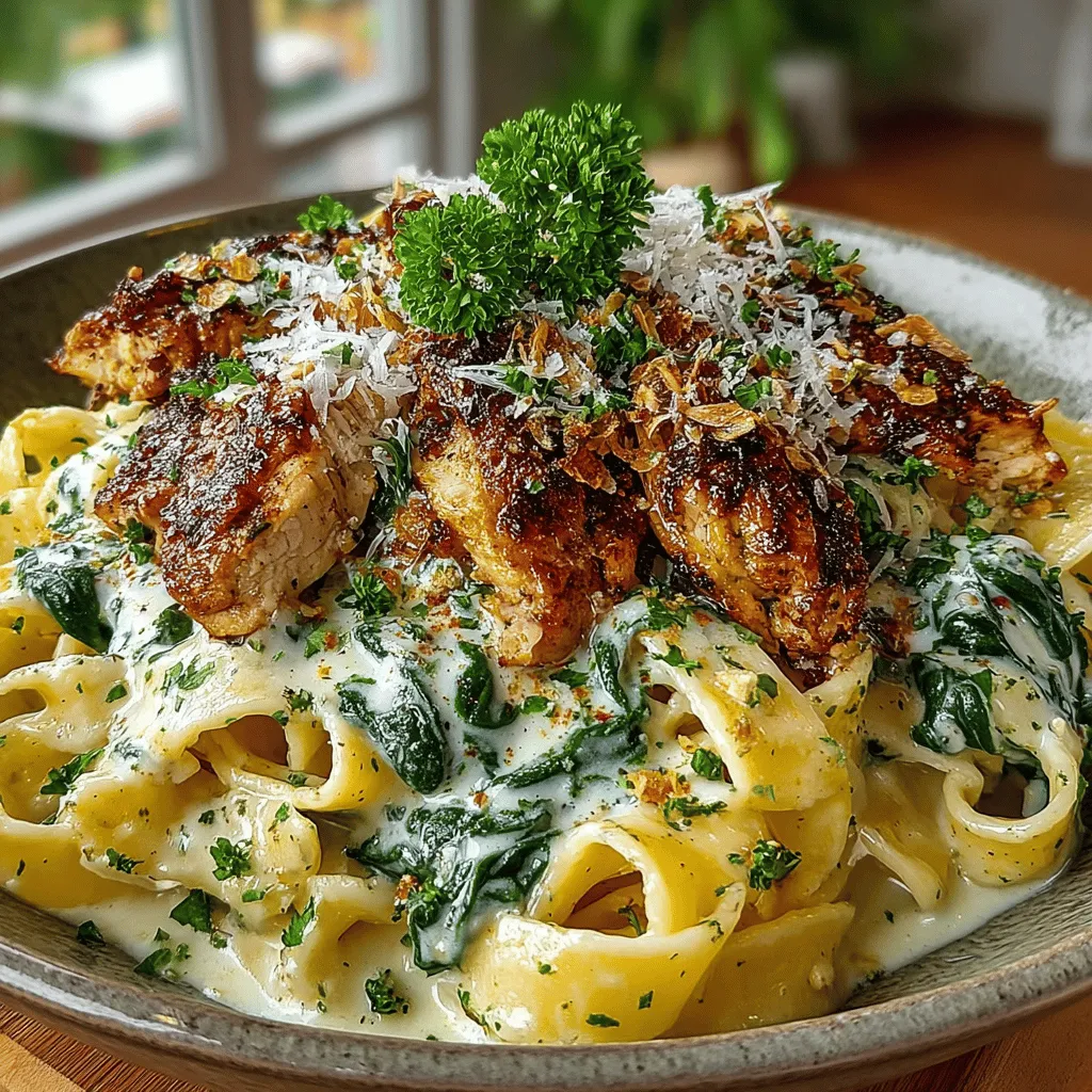 - 2 boneless, skinless chicken breasts - 8 ounces of pasta (fettuccine or penne recommended) - 2 cups fresh spinach - 4 cloves garlic, minced - 1 cup heavy cream - 1 cup grated Parmesan cheese - 2 tablespoons olive oil - Salt and pepper to taste - Optional: red pepper flakes for added heat