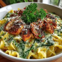 - 2 boneless, skinless chicken breasts - 8 ounces of pasta (fettuccine or penne recommended) - 2 cups fresh spinach - 4 cloves garlic, minced - 1 cup heavy cream - 1 cup grated Parmesan cheese - 2 tablespoons olive oil - Salt and pepper to taste - Optional: red pepper flakes for added heat