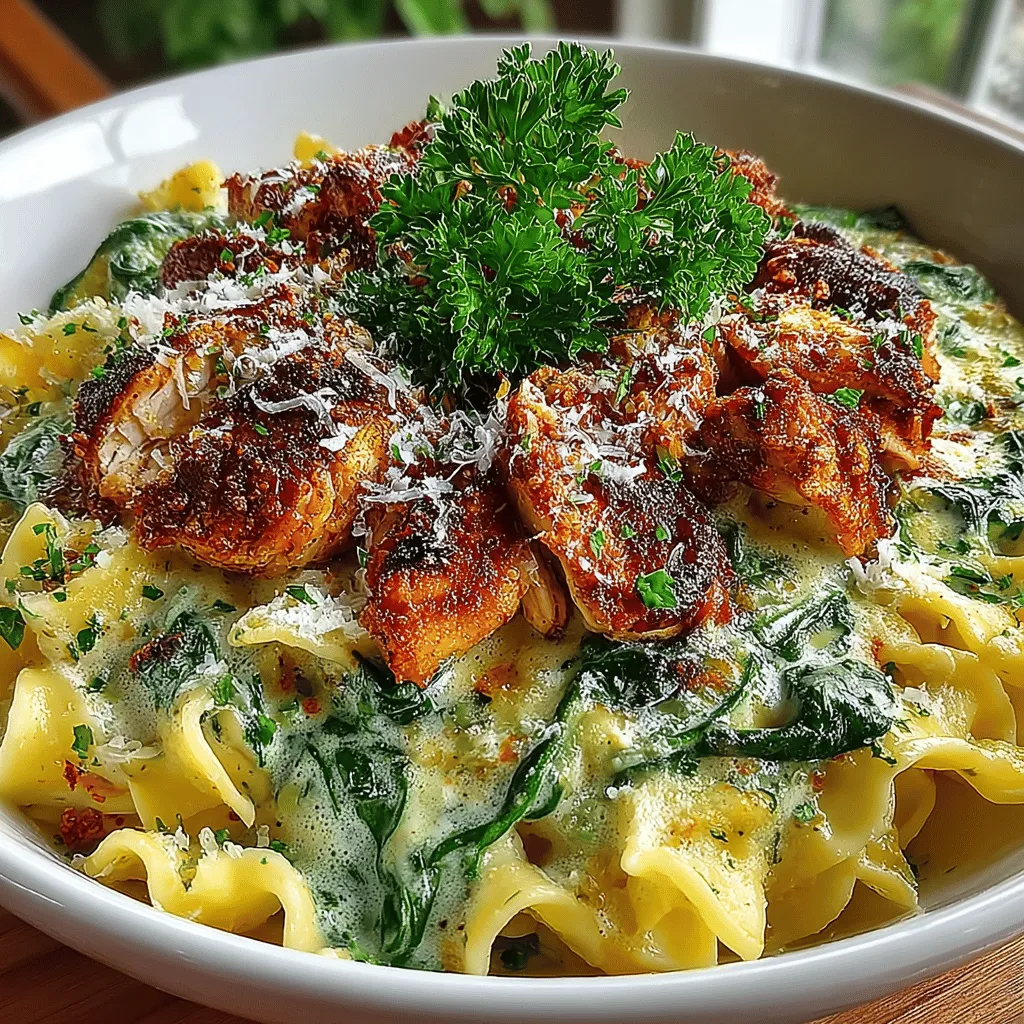 - 2 boneless, skinless chicken breasts - 8 ounces of pasta (fettuccine or penne recommended) - 2 cups fresh spinach - 4 cloves garlic, minced - 1 cup heavy cream - 1 cup grated Parmesan cheese - 2 tablespoons olive oil - Salt and pepper to taste - Optional: red pepper flakes for added heat