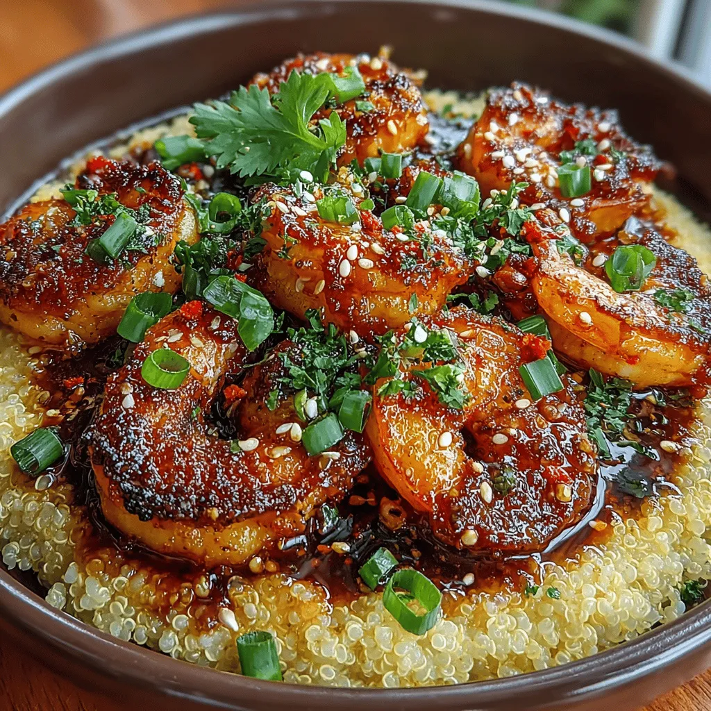 - 1 pound shrimp, peeled and deveined - 1 cup quinoa - 2 cups vegetable broth or water - 3 tablespoons honey - 2 tablespoons soy sauce - 3 cloves garlic, minced - 1 teaspoon fresh ginger, grated - 2 tablespoons olive oil - 1 tablespoon sesame oil - Salt and pepper to taste - Chopped green onions for garnish (optional)
