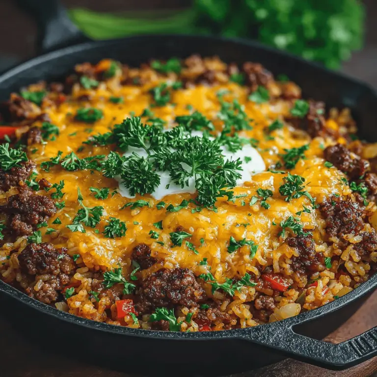 In the realm of modern cooking, one-pan meals have carved out a special niche, celebrated for their simplicity and convenience. These dishes allow you to create hearty, flavorful meals without the hassle of multiple pots and pans. The Cheesy One-Pan Beef & Rice Delight is a perfect example of this trend. Combining ground beef, rice, and a medley of vegetables, this dish not only delivers bold flavors but also offers a satisfying balance of nutrition. Ideal for busy weeknight dinners, this recipe is sure to become a family favorite, providing comfort and ease in every bite.