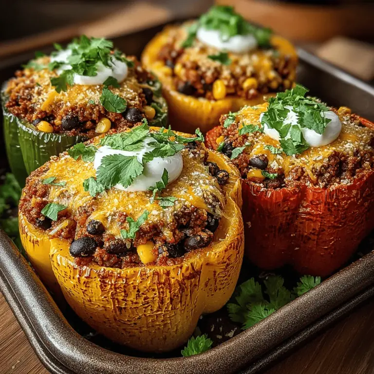 Taco stuffed bell peppers are a vibrant and satisfying dish that combines the bold flavors of traditional tacos with the wholesome goodness of fresh vegetables. This recipe not only showcases a stunning array of colors but also offers a delightful balance of flavors and textures, making it a perfect meal for families and gatherings. The juicy bell peppers serve as edible cups, filled with a savory mixture of seasoned meat, beans, corn, and rice, creating a dish that is as pleasing to the eye as it is to the palate.