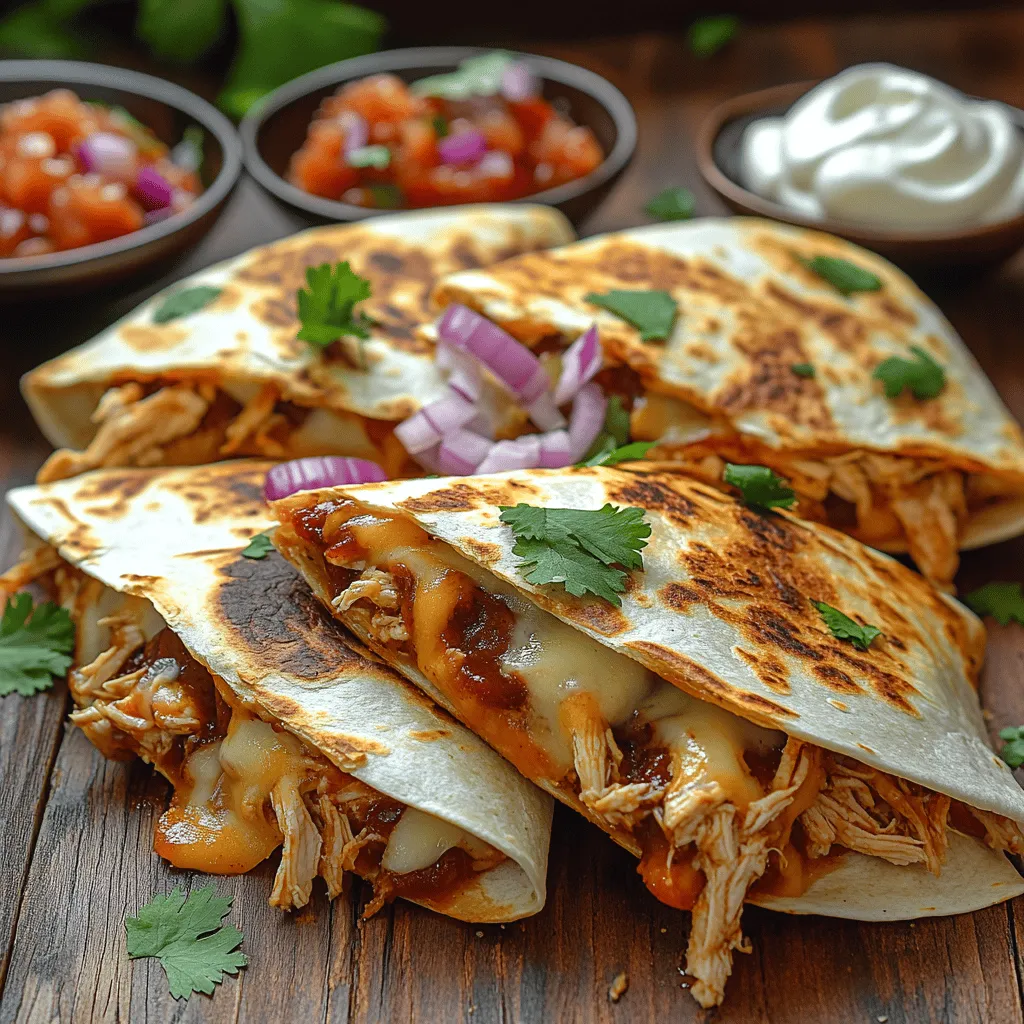 - 2 cups cooked, shredded chicken (preferably rotisserie) - 1 cup BBQ sauce (your choice of flavor) - 1 cup shredded cheddar cheese - 1 cup shredded mozzarella cheese - 4 large flour tortillas - 1/2 cup red onion, thinly sliced (optional) - 1/4 cup fresh cilantro, chopped (optional) - Olive oil or cooking spray for the skillet