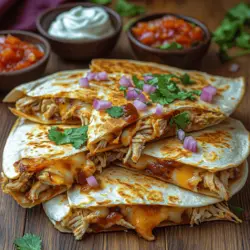 - 2 cups cooked, shredded chicken (preferably rotisserie) - 1 cup BBQ sauce (your choice of flavor) - 1 cup shredded cheddar cheese - 1 cup shredded mozzarella cheese - 4 large flour tortillas - 1/2 cup red onion, thinly sliced (optional) - 1/4 cup fresh cilantro, chopped (optional) - Olive oil or cooking spray for the skillet