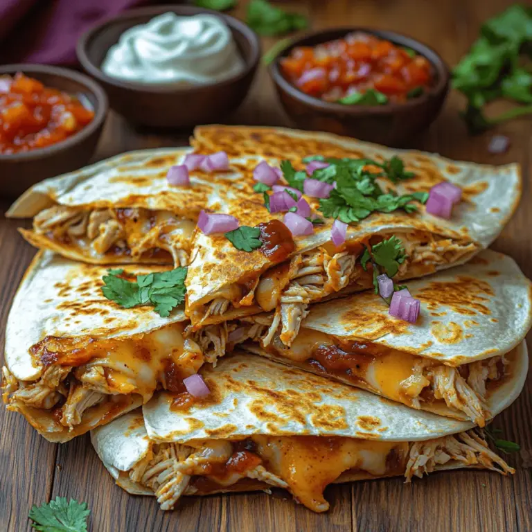 - 2 cups cooked, shredded chicken (preferably rotisserie) - 1 cup BBQ sauce (your choice of flavor) - 1 cup shredded cheddar cheese - 1 cup shredded mozzarella cheese - 4 large flour tortillas - 1/2 cup red onion, thinly sliced (optional) - 1/4 cup fresh cilantro, chopped (optional) - Olive oil or cooking spray for the skillet