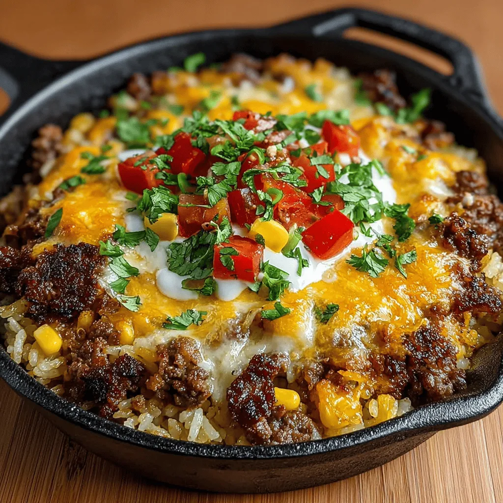 - 1 pound ground beef - 1 cup long-grain rice - 1 medium onion, chopped - 2 cloves garlic, minced - 1 bell pepper, diced - 1 can (14.5 oz) diced tomatoes, undrained - 2 cups beef broth - 1 cup corn (fresh or frozen) - 1 cup cheddar cheese, shredded - 2 tablespoons olive oil - 1 teaspoon paprika - 1 teaspoon cumin - Salt and pepper to taste