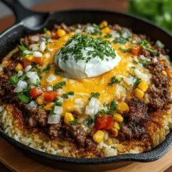 - 1 pound ground beef - 1 cup long-grain rice - 1 medium onion, chopped - 2 cloves garlic, minced - 1 bell pepper, diced - 1 can (14.5 oz) diced tomatoes, undrained - 2 cups beef broth - 1 cup corn (fresh or frozen) - 1 cup cheddar cheese, shredded - 2 tablespoons olive oil - 1 teaspoon paprika - 1 teaspoon cumin - Salt and pepper to taste