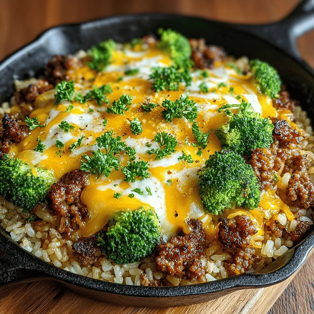 - 1 pound ground beef - 2 cups broccoli florets - 1 cup long-grain white rice - 2 cups beef broth - 1 medium onion, diced - 3 cloves garlic, minced - 1 cup shredded cheddar cheese - 1 teaspoon smoked paprika - Salt and pepper to taste - 2 tablespoons olive oil - Optional: Chopped parsley for garnish