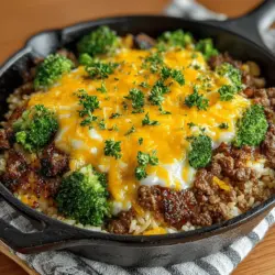- 1 pound ground beef - 2 cups broccoli florets - 1 cup long-grain white rice - 2 cups beef broth - 1 medium onion, diced - 3 cloves garlic, minced - 1 cup shredded cheddar cheese - 1 teaspoon smoked paprika - Salt and pepper to taste - 2 tablespoons olive oil - Optional: Chopped parsley for garnish