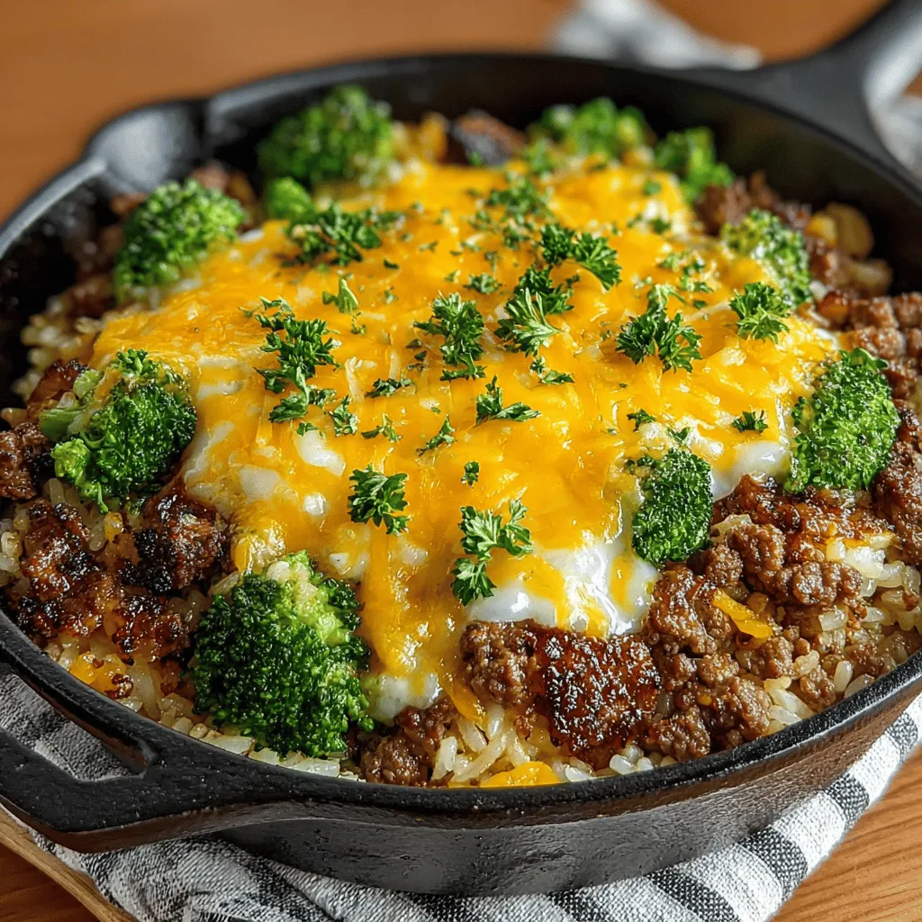 - 1 pound ground beef - 2 cups broccoli florets - 1 cup long-grain white rice - 2 cups beef broth - 1 medium onion, diced - 3 cloves garlic, minced - 1 cup shredded cheddar cheese - 1 teaspoon smoked paprika - Salt and pepper to taste - 2 tablespoons olive oil - Optional: Chopped parsley for garnish