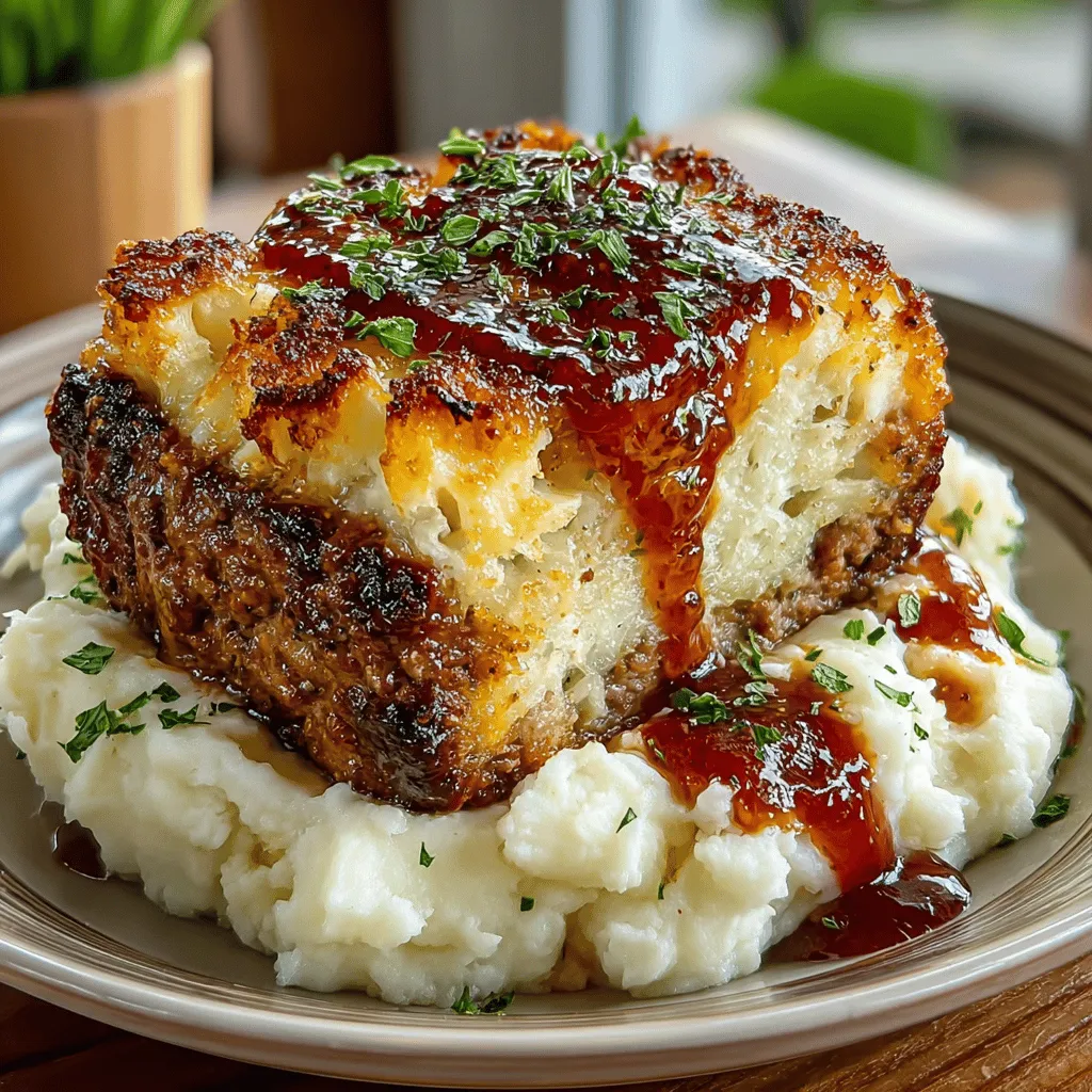 - 2 pounds ground beef (80/20 blend) - 1 cup Italian-style breadcrumbs - 1 small onion, finely chopped - 2 cloves garlic, minced - 2 large eggs - 1/4 cup milk - 1 tablespoon Worcestershire sauce - 1 teaspoon dried thyme - 1/2 cup grated Parmesan cheese - Salt and pepper, to taste - 1 cup ketchup (for glazing) - 4 cups mashed potatoes (prepared and seasoned to taste)