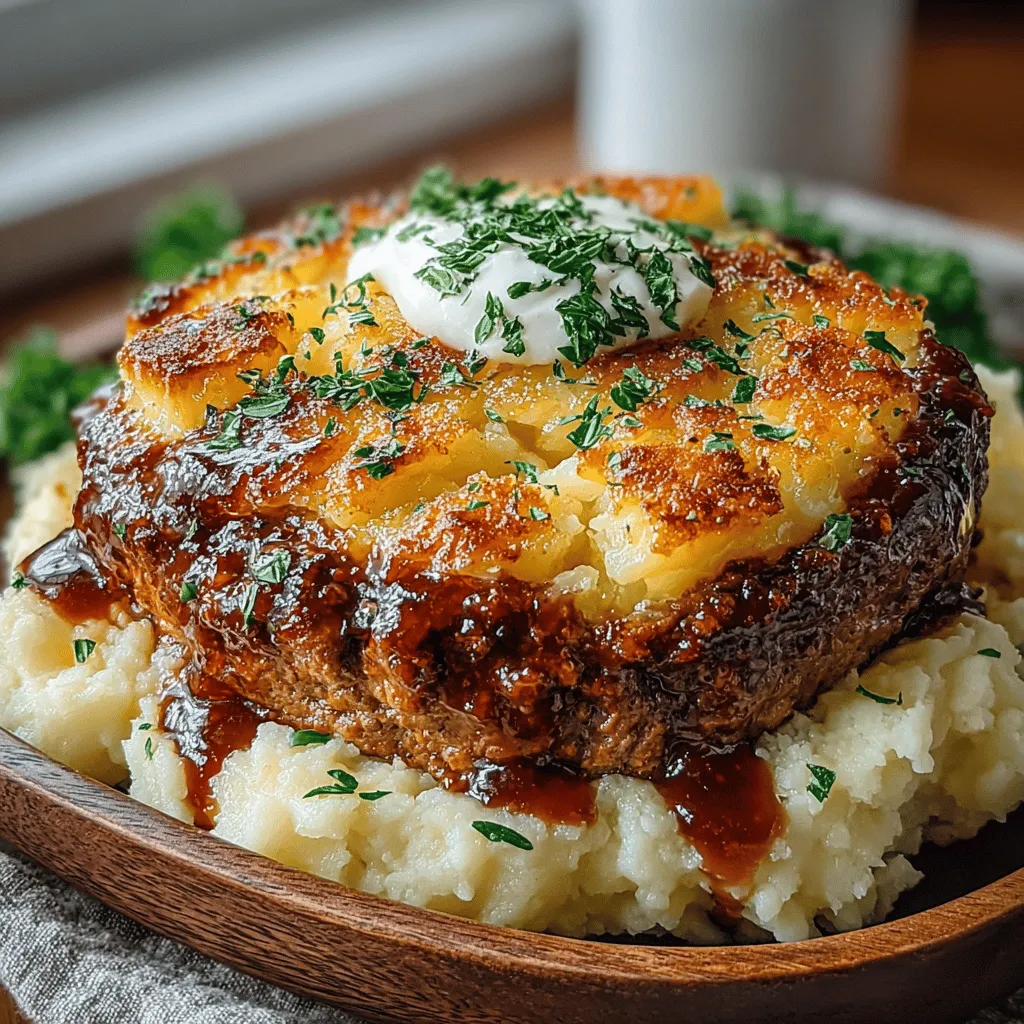 - 2 pounds ground beef (80/20 blend) - 1 cup Italian-style breadcrumbs - 1 small onion, finely chopped - 2 cloves garlic, minced - 2 large eggs - 1/4 cup milk - 1 tablespoon Worcestershire sauce - 1 teaspoon dried thyme - 1/2 cup grated Parmesan cheese - Salt and pepper, to taste - 1 cup ketchup (for glazing) - 4 cups mashed potatoes (prepared and seasoned to taste)