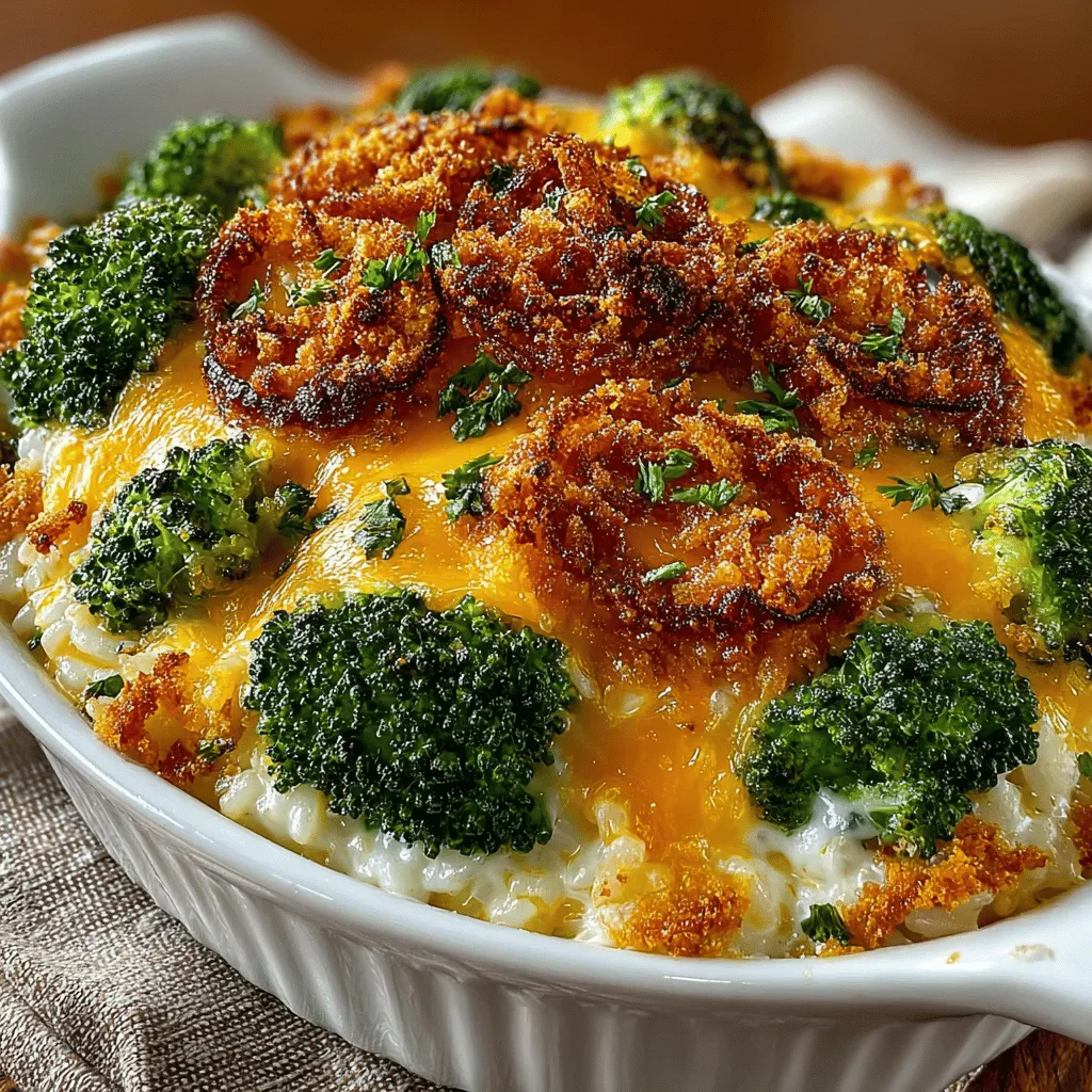 - 2 cups cooked rice (white or brown) - 2 cups fresh broccoli florets (or 1 ½ cups frozen broccoli) - 2 cups shredded cheddar cheese (sharp or mild) - 1 can (10.5 oz) cream of mushroom soup (or cream of chicken soup) - ½ cup milk - 1 teaspoon garlic powder - 1 teaspoon onion powder - ½ teaspoon black pepper - ½ teaspoon salt - 1 cup breadcrumbs (optional for topping)