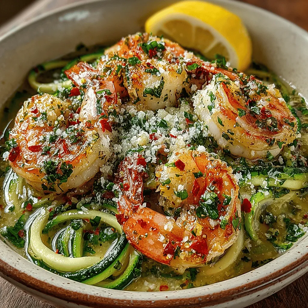 - 1 pound large shrimp, peeled and deveined - 2 medium zucchinis - 4 tablespoons unsalted butter - 4 cloves garlic, minced - 1 tablespoon olive oil - Salt and pepper, to taste - 1 teaspoon red pepper flakes (optional) - 2 tablespoons fresh parsley, chopped - Juice of 1 lemon