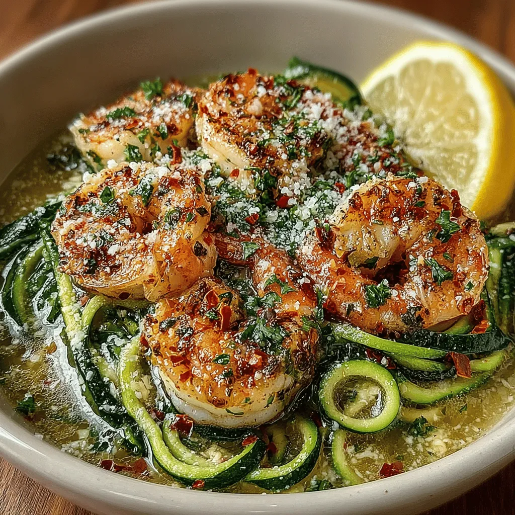 - 1 pound large shrimp, peeled and deveined - 2 medium zucchinis - 4 tablespoons unsalted butter - 4 cloves garlic, minced - 1 tablespoon olive oil - Salt and pepper, to taste - 1 teaspoon red pepper flakes (optional) - 2 tablespoons fresh parsley, chopped - Juice of 1 lemon