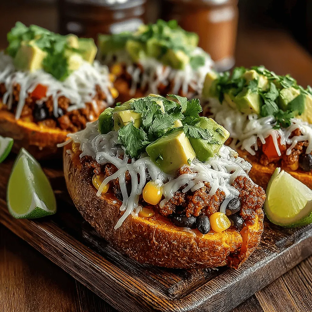 - 4 medium sweet potatoes - 1 lb ground turkey (or ground beef) - 1 can (15 oz) black beans, drained and rinsed - 1 cup corn, fresh or frozen - 1 tablespoon olive oil - 1 teaspoon chili powder - 1 teaspoon cumin - 1 teaspoon garlic powder - Salt and pepper to taste - 1 avocado, diced - 1 cup cherry tomatoes, halved - 1/4 cup fresh cilantro, chopped - Lime wedges for serving