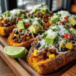 - 4 medium sweet potatoes - 1 lb ground turkey (or ground beef) - 1 can (15 oz) black beans, drained and rinsed - 1 cup corn, fresh or frozen - 1 tablespoon olive oil - 1 teaspoon chili powder - 1 teaspoon cumin - 1 teaspoon garlic powder - Salt and pepper to taste - 1 avocado, diced - 1 cup cherry tomatoes, halved - 1/4 cup fresh cilantro, chopped - Lime wedges for serving