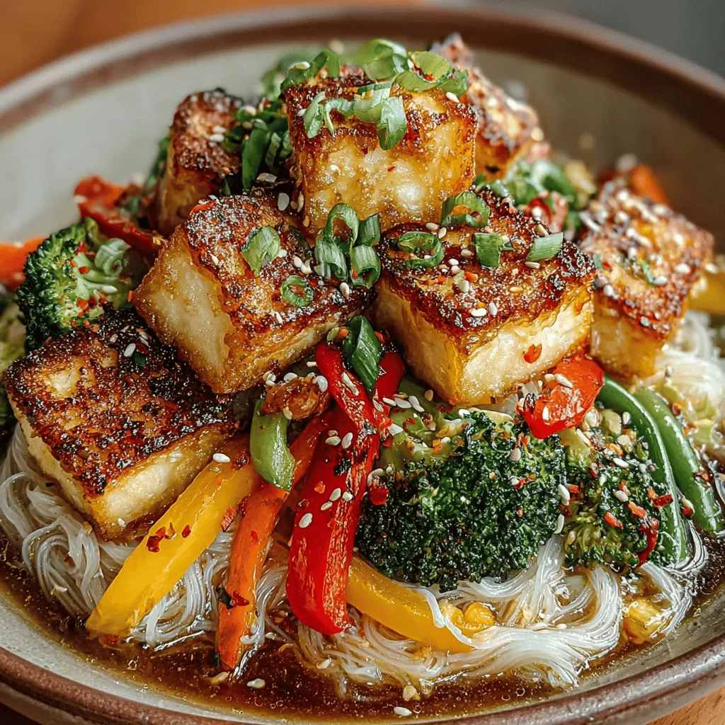 - 14 oz firm tofu - 8 oz rice noodles - 1 cup broccoli florets - 1 cup bell peppers (mixed colors), sliced - 1 cup carrots, julienned - 1 cup snap peas - 2 green onions, chopped - 2 cloves garlic, minced - 1 inch ginger, grated - 3 tablespoons soy sauce (or tamari for gluten-free) - 2 tablespoons vegetable oil - Salt and pepper to taste - Optional: sesame seeds for garnish