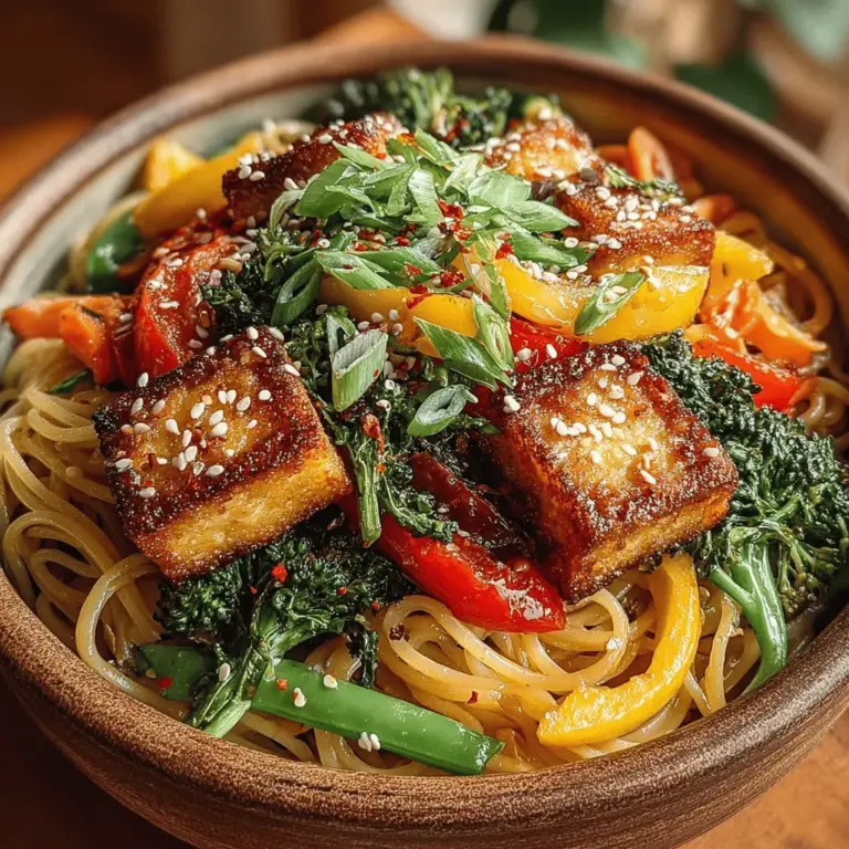 - 14 oz firm tofu - 8 oz rice noodles - 1 cup broccoli florets - 1 cup bell peppers (mixed colors), sliced - 1 cup carrots, julienned - 1 cup snap peas - 2 green onions, chopped - 2 cloves garlic, minced - 1 inch ginger, grated - 3 tablespoons soy sauce (or tamari for gluten-free) - 2 tablespoons vegetable oil - Salt and pepper to taste - Optional: sesame seeds for garnish