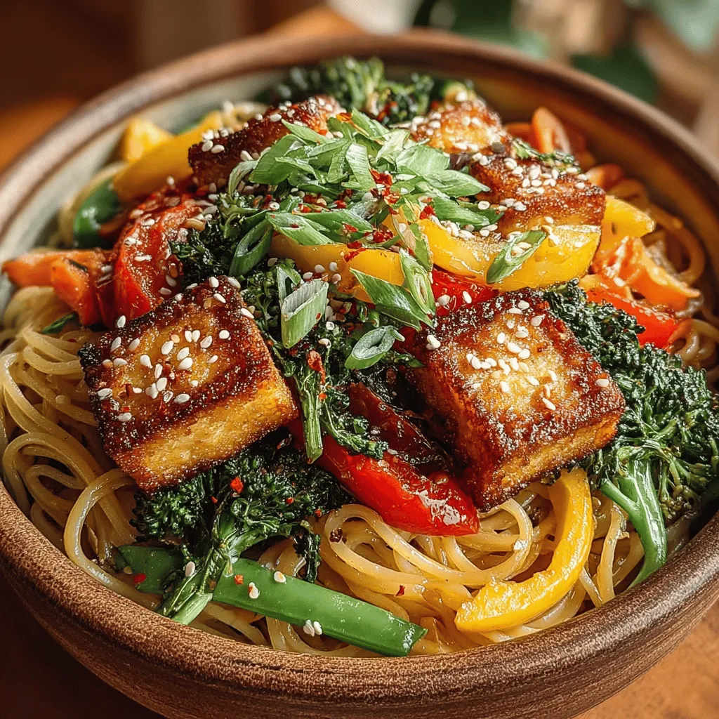 - 14 oz firm tofu - 8 oz rice noodles - 1 cup broccoli florets - 1 cup bell peppers (mixed colors), sliced - 1 cup carrots, julienned - 1 cup snap peas - 2 green onions, chopped - 2 cloves garlic, minced - 1 inch ginger, grated - 3 tablespoons soy sauce (or tamari for gluten-free) - 2 tablespoons vegetable oil - Salt and pepper to taste - Optional: sesame seeds for garnish