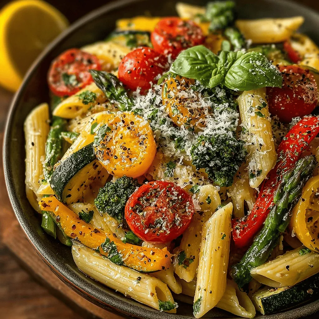 - 8 ounces of your preferred pasta (e.g., spaghetti, penne, or fettuccine) - 2 tablespoons olive oil - 3 cloves garlic, minced - 1 cup bell peppers, sliced (any color) - 1 cup zucchini, sliced - 1 cup cherry tomatoes, halved - 1 cup broccoli florets - 1 cup asparagus, trimmed and cut into 1-inch pieces - 1 lemon (zest and juice) - Salt and pepper, to taste - Fresh basil leaves, for garnish - Grated Parmesan cheese or vegan cheese alternative (optional)