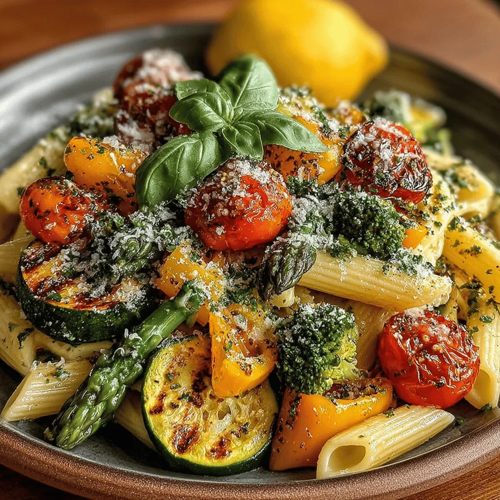 - 8 ounces of your preferred pasta (e.g., spaghetti, penne, or fettuccine) - 2 tablespoons olive oil - 3 cloves garlic, minced - 1 cup bell peppers, sliced (any color) - 1 cup zucchini, sliced - 1 cup cherry tomatoes, halved - 1 cup broccoli florets - 1 cup asparagus, trimmed and cut into 1-inch pieces - 1 lemon (zest and juice) - Salt and pepper, to taste - Fresh basil leaves, for garnish - Grated Parmesan cheese or vegan cheese alternative (optional)