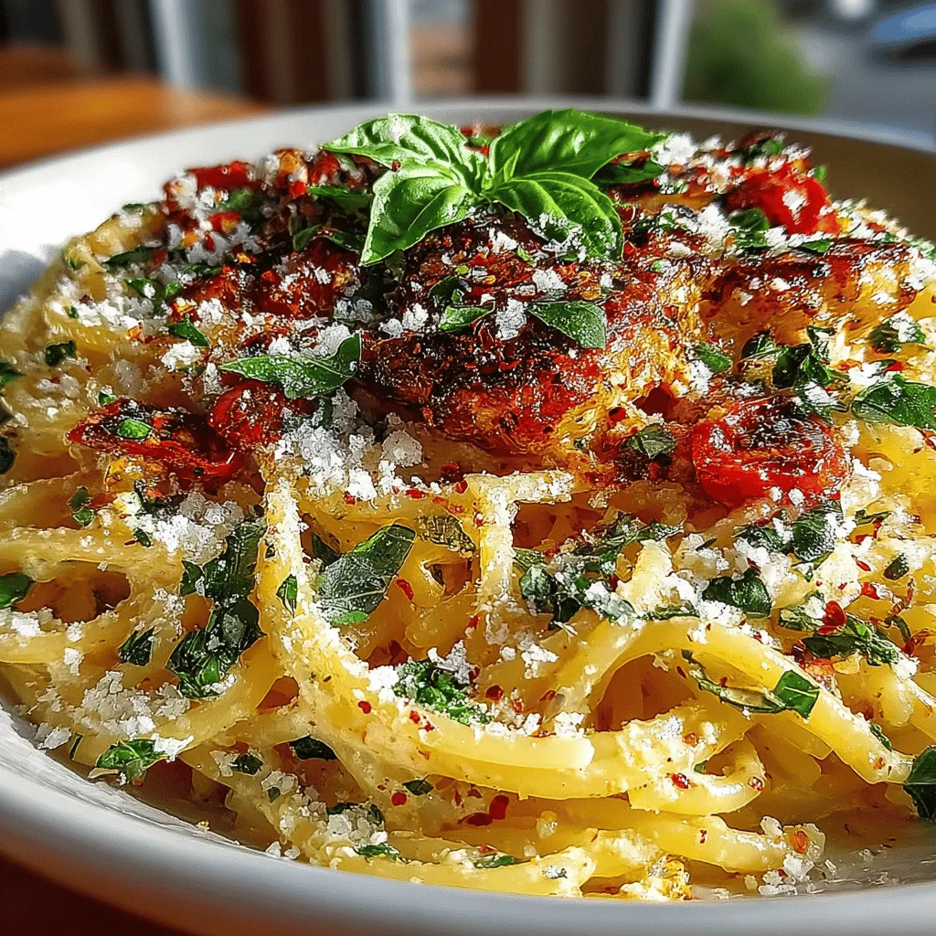 - 8 ounces of pasta (spaghetti, fettuccine, or penne) - 2 tablespoons of olive oil - 3 cloves of garlic, minced - 4 large ripe tomatoes, diced - 1 cup of heavy cream - 1 cup of grated Parmesan cheese - 1 cup of fresh basil leaves, chopped - Salt and pepper to taste - Red pepper flakes (optional for a bit of heat)