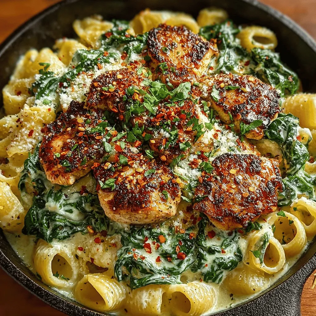 - 8 ounces penne pasta - 1 pound boneless, skinless chicken breasts, cut into bite-sized pieces - 2 tablespoons olive oil - 3 cups fresh spinach, roughly chopped - 1 cup heavy cream - 1 cup grated Parmesan cheese - 3 cloves garlic, minced - 1 teaspoon Italian seasoning - 1/2 teaspoon red pepper flakes (optional) - Salt and pepper to taste