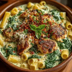 - 8 ounces penne pasta - 1 pound boneless, skinless chicken breasts, cut into bite-sized pieces - 2 tablespoons olive oil - 3 cups fresh spinach, roughly chopped - 1 cup heavy cream - 1 cup grated Parmesan cheese - 3 cloves garlic, minced - 1 teaspoon Italian seasoning - 1/2 teaspoon red pepper flakes (optional) - Salt and pepper to taste