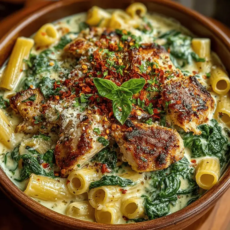 - 8 ounces penne pasta - 1 pound boneless, skinless chicken breasts, cut into bite-sized pieces - 2 tablespoons olive oil - 3 cups fresh spinach, roughly chopped - 1 cup heavy cream - 1 cup grated Parmesan cheese - 3 cloves garlic, minced - 1 teaspoon Italian seasoning - 1/2 teaspoon red pepper flakes (optional) - Salt and pepper to taste